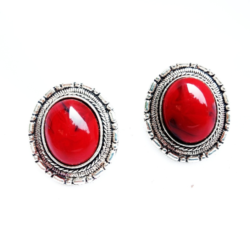 Vintage Midwestern Red Jasper Silver Clip Back Earrings